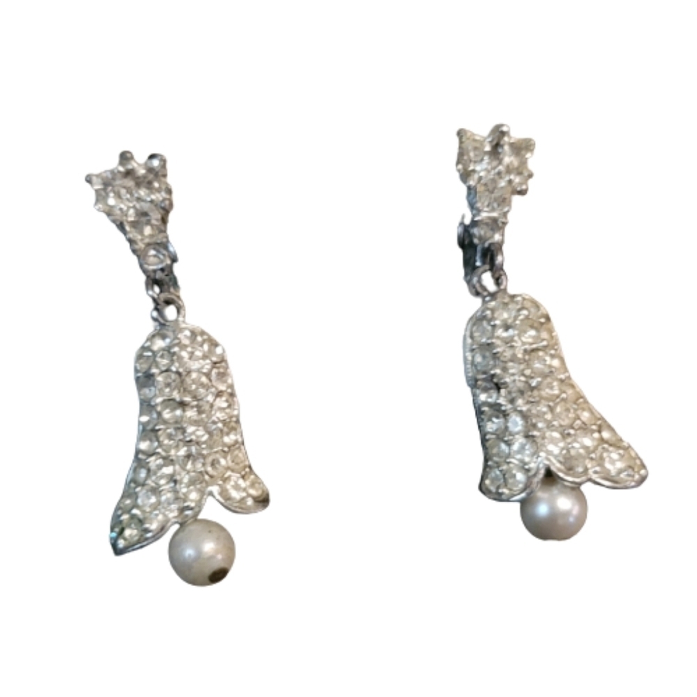 Vintage Rhinestone Bell Earrings Faux Pearl Silver Tone Clip On Earrings